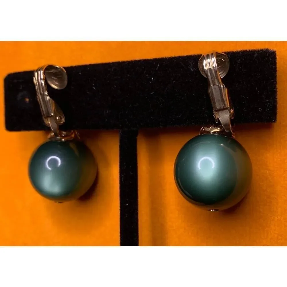 Muted Green lustrous bead Clip earrings, Vintage, Unmarked